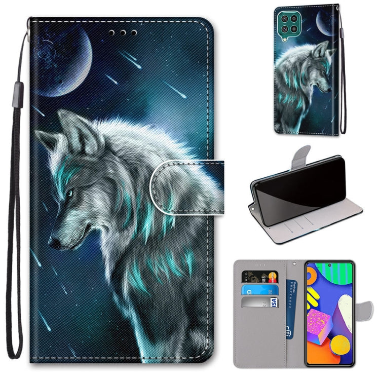 Phone wallet case with flip cover, wolf under night sky illustration, card slots, and lanyard