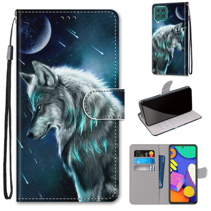 Phone wallet case with flip cover, wolf under night sky illustration, card slots, and lanyard