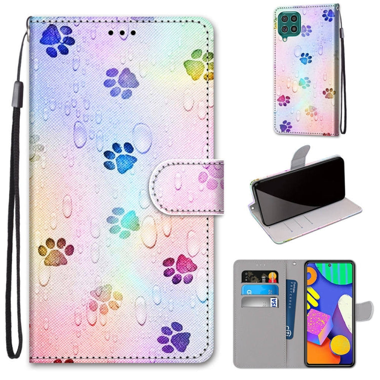 Phone wallet case with flip cover, colorful paw print design, card slots, and lanyard