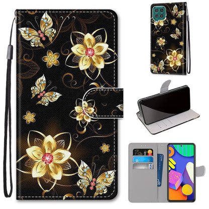 PU leather wallet phone case with lanyard, black gold butterfly flower print, magnetic flip cover.