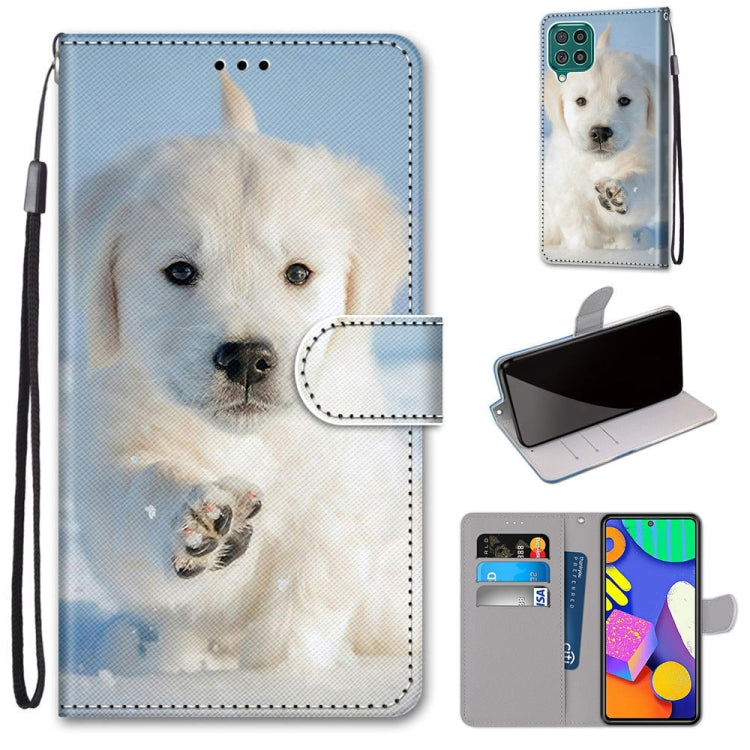 PU leather wallet phone case with lanyard, white dog portrait print, magnetic flip cover.
