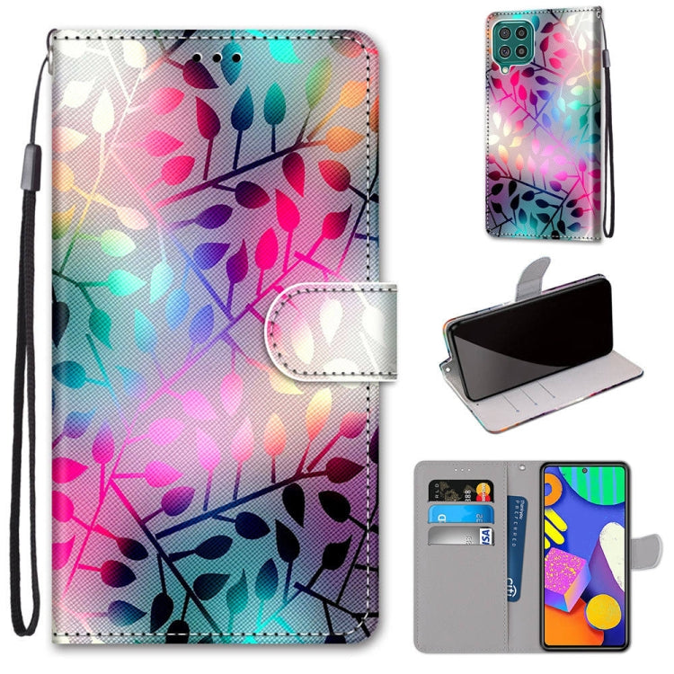 PU leather wallet phone case with lanyard, multicolor leaf branch print, magnetic flip cover.