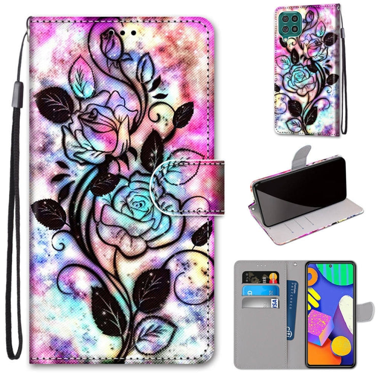 PU leather wallet phone case with lanyard, purple blue rose floral print, magnetic flip cover.
