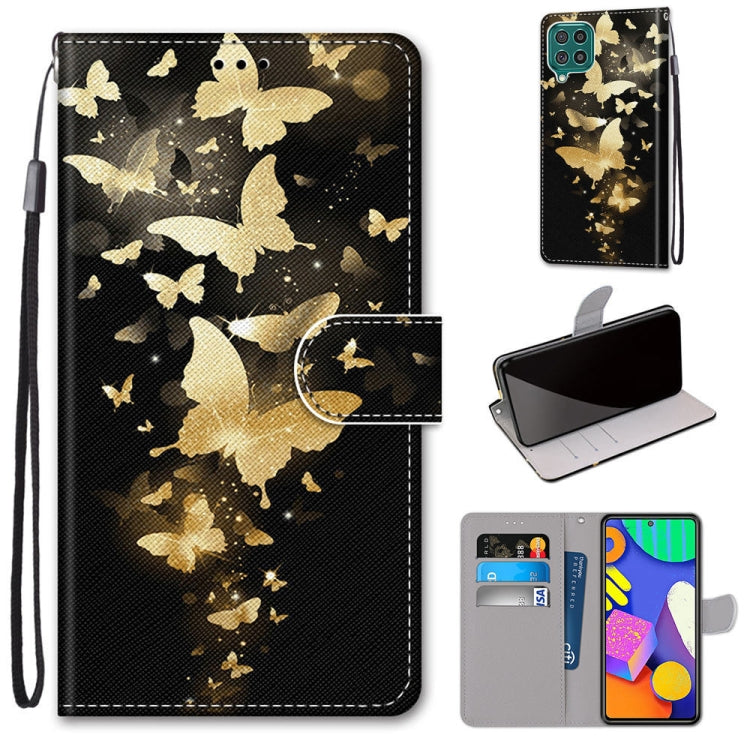 PU leather wallet phone case with lanyard, gold butterfly star print, magnetic flip cover.