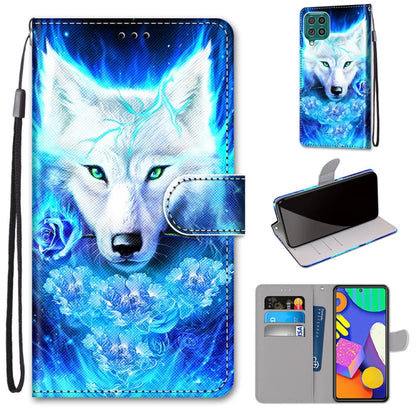 PU leather flip phone case with card slots, lanyard strap; blue wolf artwork.
