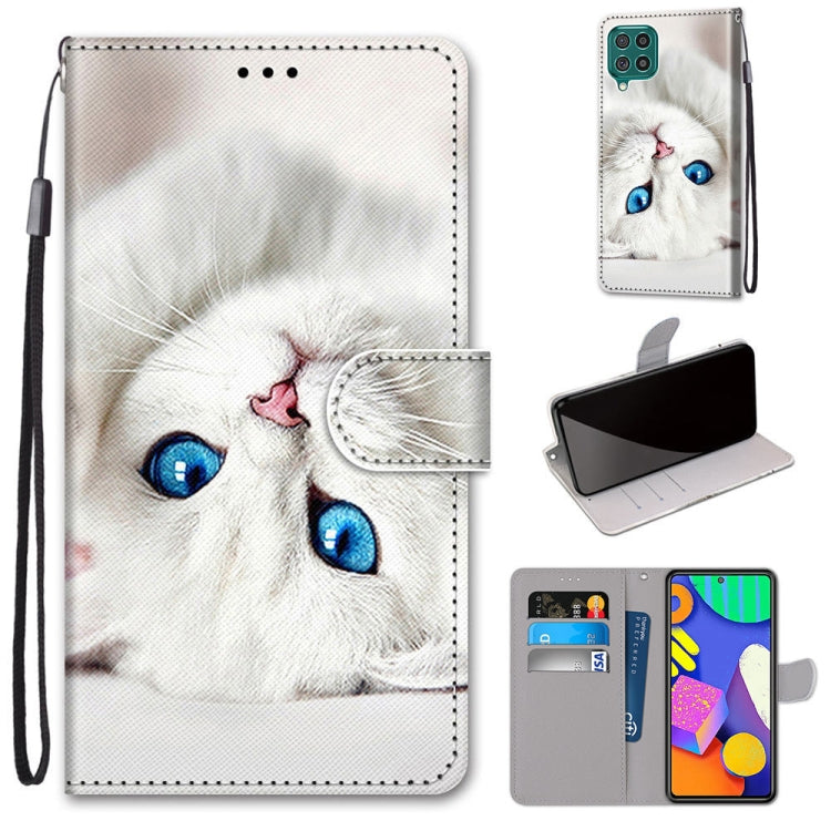 PU leather flip phone case with card slots, lanyard strap; white cat face design.