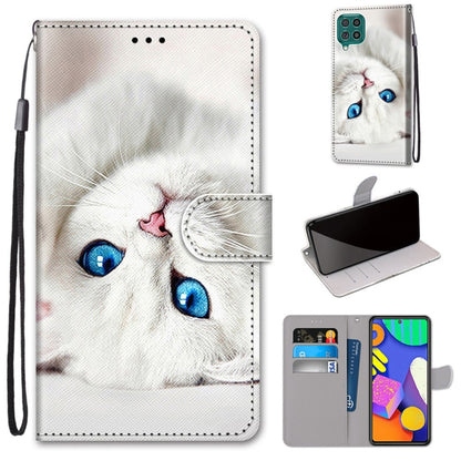 PU leather flip phone case with card slots, lanyard strap; white cat face design.