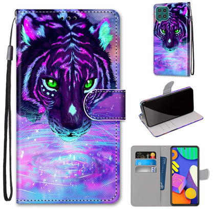 PU leather flip phone case with card slots, lanyard strap; purple tiger cat face.