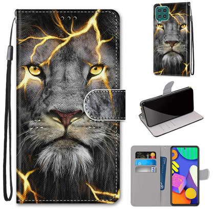 PU leather flip phone case with card slots, lanyard strap; gray lion with gold cracks.