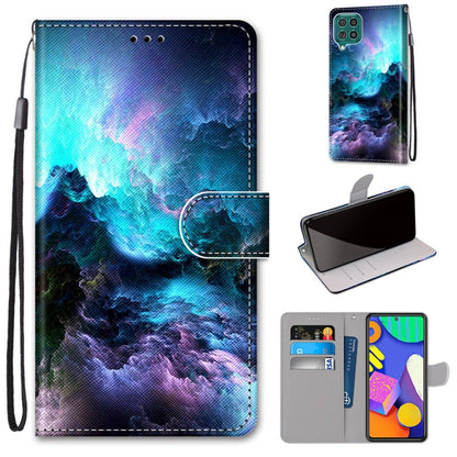 PU leather flip phone case with card slots, lanyard strap; blue galaxy mountain pattern.