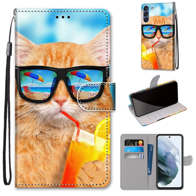 PU leather flip phone case with card slots, lanyard strap; orange cat with glasses.
