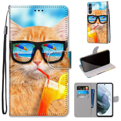 PU leather flip phone case with card slots, lanyard strap; orange cat with glasses.