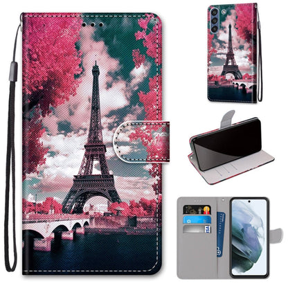 PU leather flip phone case with card slots, lanyard strap; Eiffel Tower pink collage.