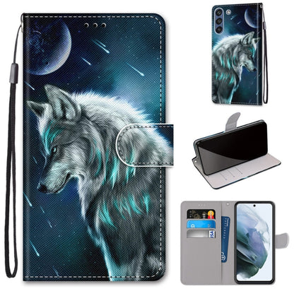 PU leather flip phone case with card slots, lanyard strap; blue wolf at night.