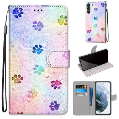 PU leather flip phone case with card slots, lanyard strap; rainbow paw print pattern.