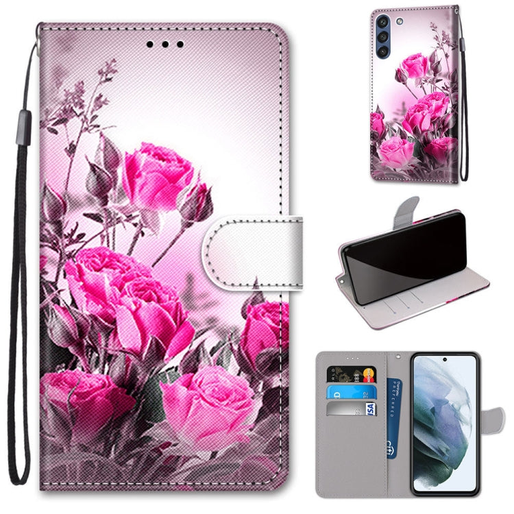 Pink floral PU leather phone wallet case with flip cover, card slots, and wrist strap