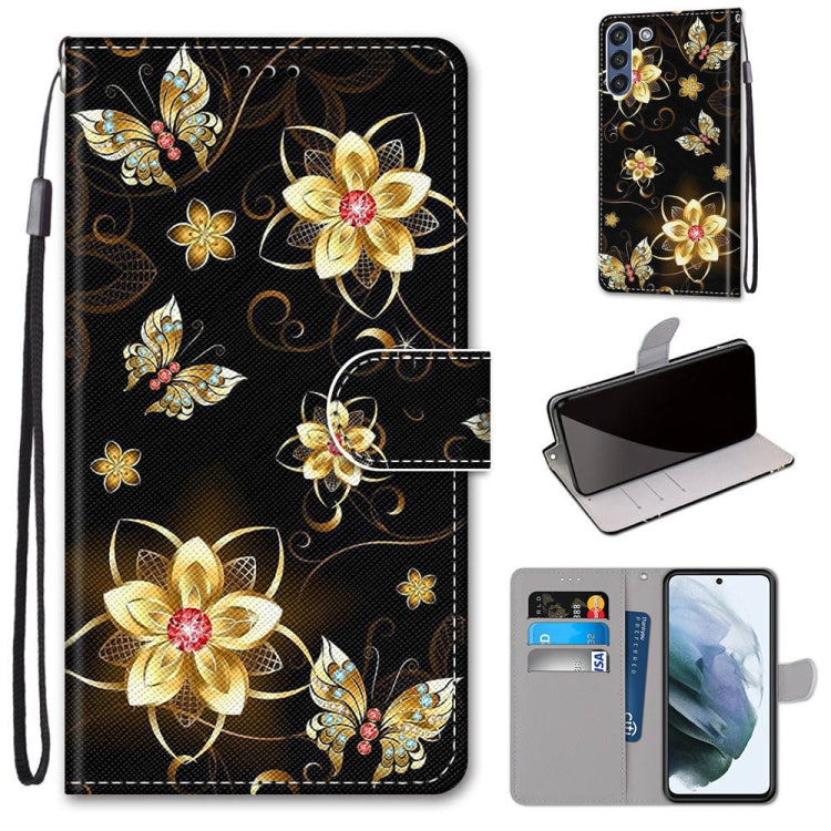 Black PU leather phone wallet case with gold butterfly floral pattern, flip cover and card slots