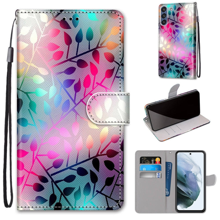 Colorful leaf and flower PU leather phone wallet case with flip cover, card slots, and strap