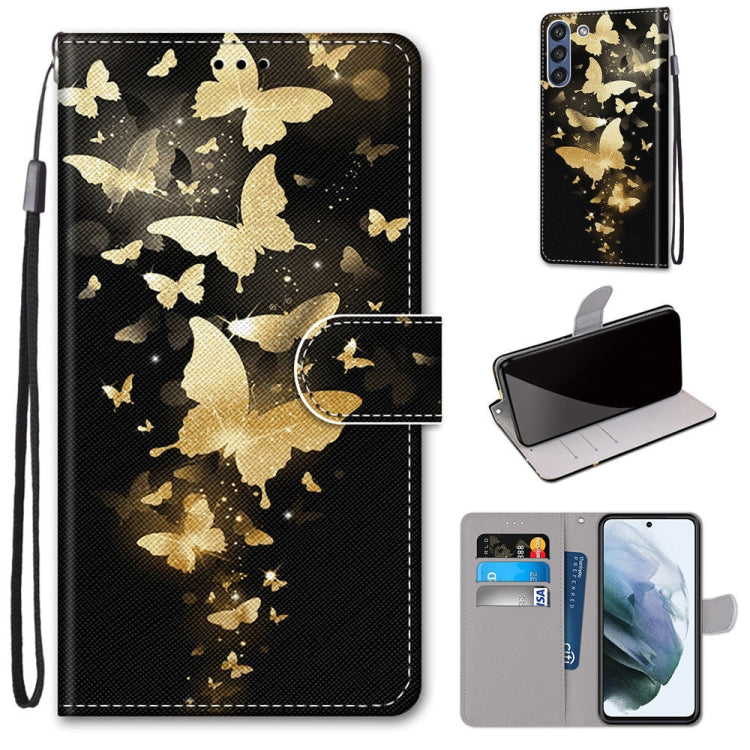 Black PU leather phone wallet case with golden butterfly confetti pattern, flip cover and card slots