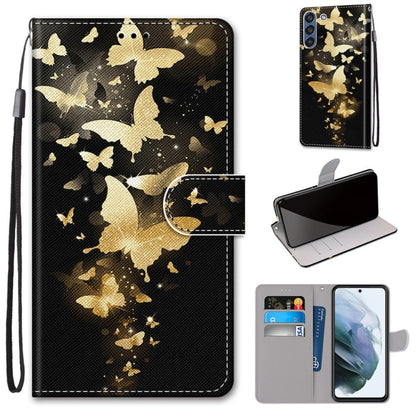 Black PU leather phone wallet case with golden butterfly confetti pattern, flip cover and card slots