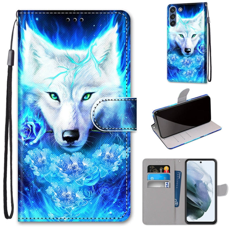 PU leather flip phone wallet case with card slots and lanyard, blue wolf illustration
