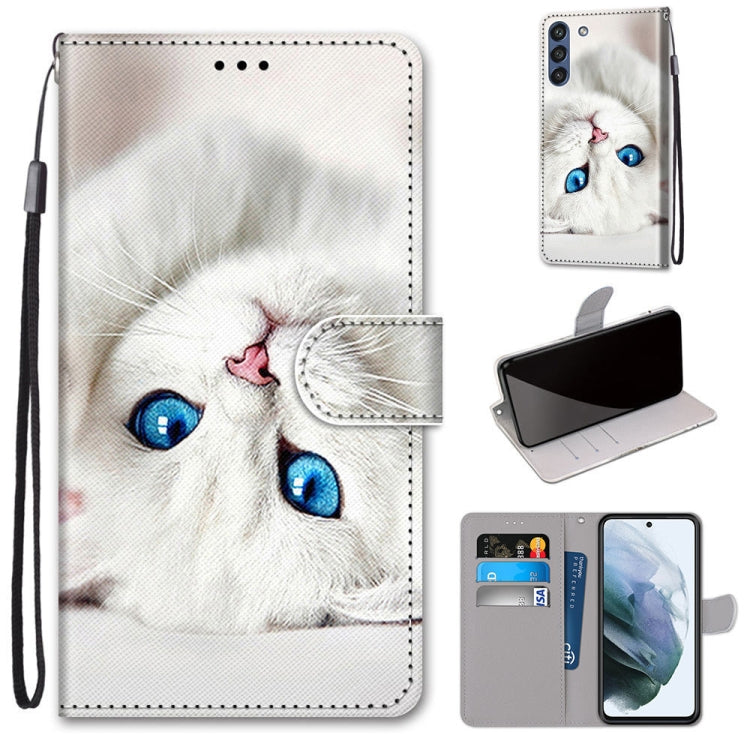 PU leather flip phone wallet case with card slots and lanyard, white sleeping cat design