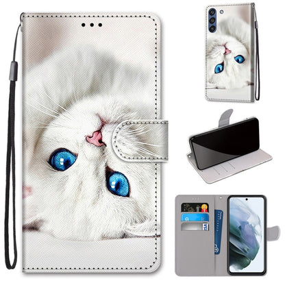 PU leather flip phone wallet case with card slots and lanyard, white sleeping cat design