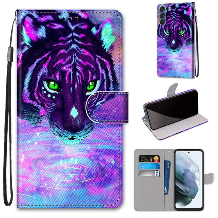 PU leather flip phone wallet case with card slots and lanyard, purple tiger face design