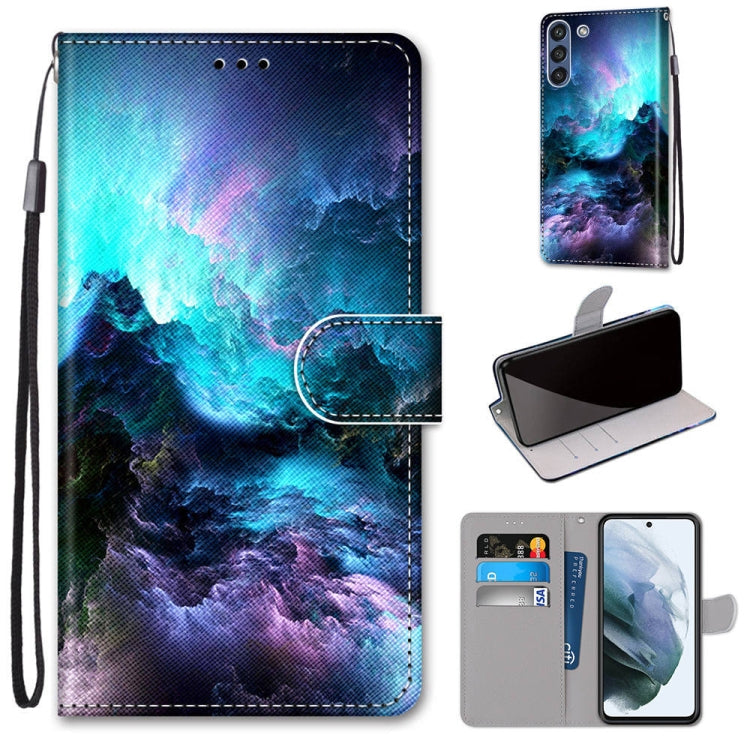 PU leather flip phone wallet case with card slots and lanyard, blue starry mountain scene
