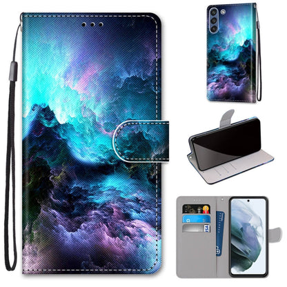 PU leather flip phone wallet case with card slots and lanyard, blue starry mountain scene