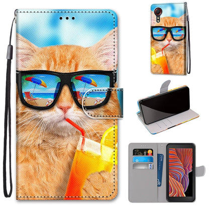 PU leather flip phone wallet case with card slots and lanyard, orange cat in glasses