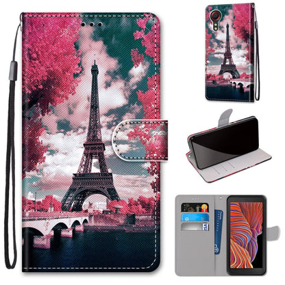 PU leather flip phone wallet case with card slots and lanyard, Eiffel Tower watercolor print