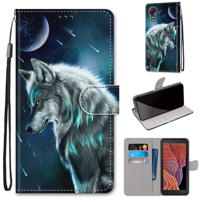 PU leather flip phone wallet case with card slots and lanyard, blue wolf under moonlight