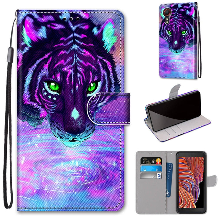 PU leather flip wallet phone case with purple tiger print and card slot window