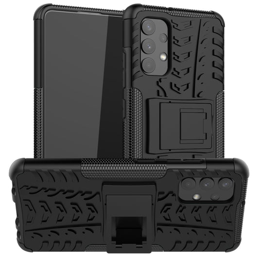 Black rugged phone case with tire tread texture, shockproof TPU+PC, built-in holder