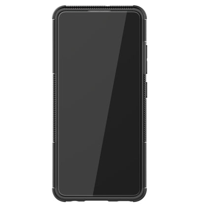 Rugged black phone case with tire tread edge texture and front bumper