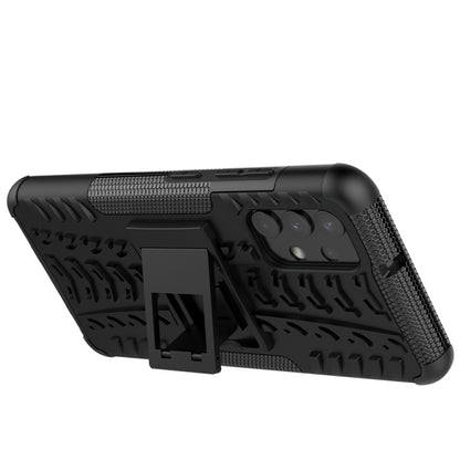 Black rugged phone case with tire tread texture and visible holder kickstand