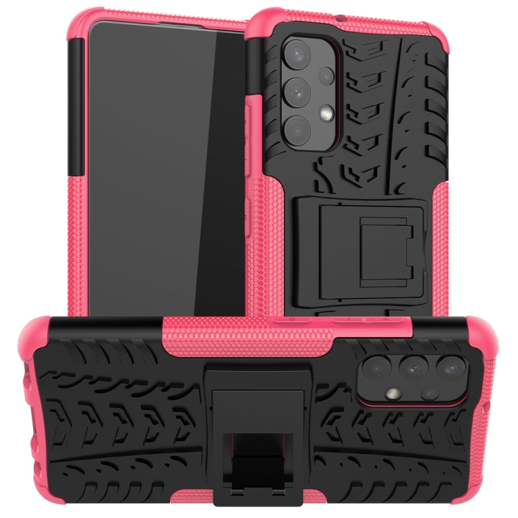 Pink and black rugged phone case with tire tread texture, shockproof TPU+PC, holder