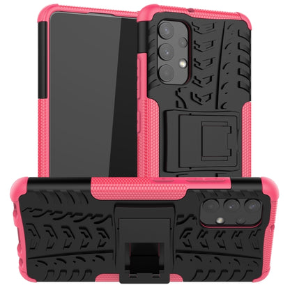 Pink and black rugged phone case with tire tread texture, shockproof TPU+PC, holder