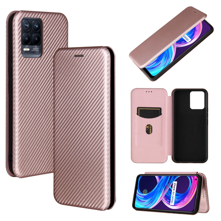 Pink carbon fiber texture magnetic flip phone case with card slot, phone front and back shown