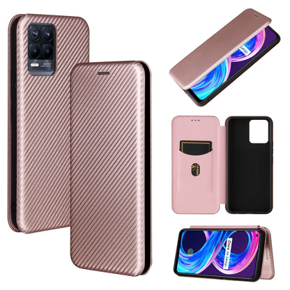 Pink carbon fiber texture magnetic flip phone case with card slot, phone front and back shown