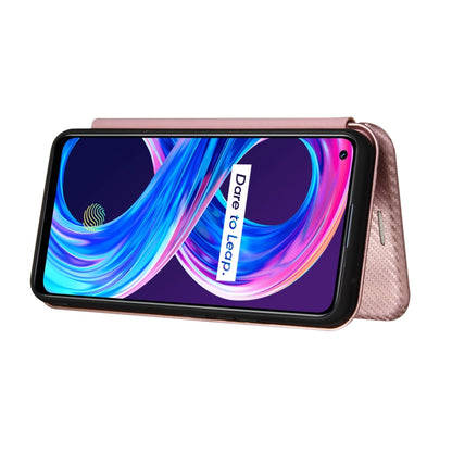 Pink carbon fiber texture magnetic flip phone case with phone displayed, flaps closed