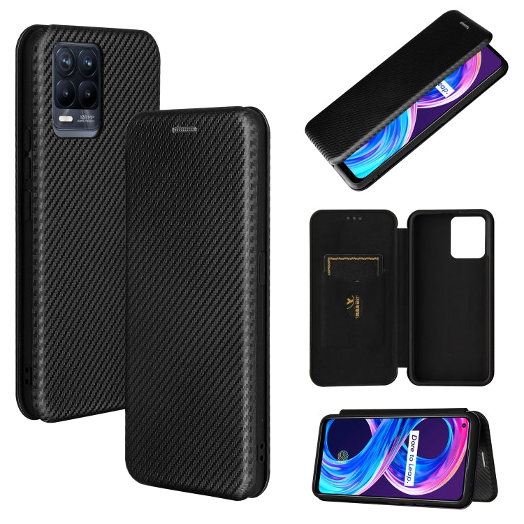 Black carbon fiber texture magnetic flip phone case with card slot, front and back shown