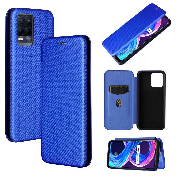 Blue carbon fiber texture magnetic flip phone case with card slot, phone views shown