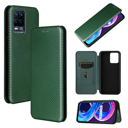 Green carbon fiber texture magnetic flip phone case with card slot, front and back shown