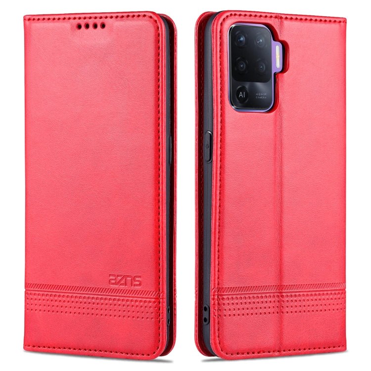 Red flip leather phone case with card holder, visible stitching, and camera cutout.