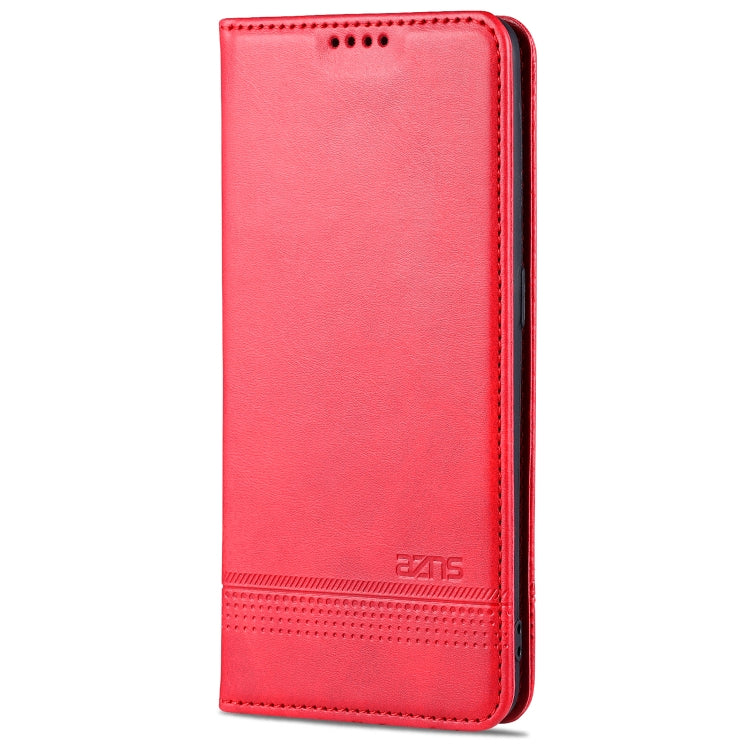 Red flip leather phone case with card holder and stitched edges.