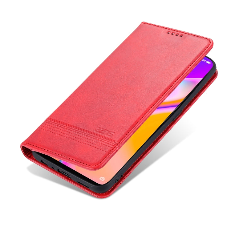 Red flip leather wallet-style phone case with kickstand viewing cover.