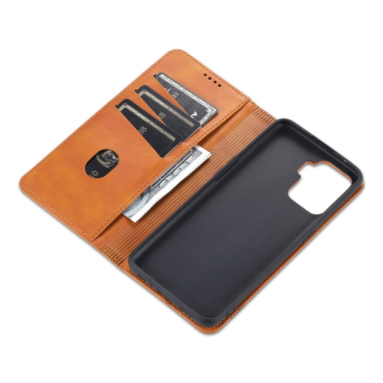 Brown leather flip phone case with card slots and inner pocket compartments.