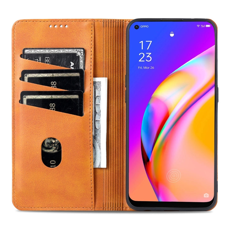 Brown leather wallet phone case open view with card slots and bill pocket.